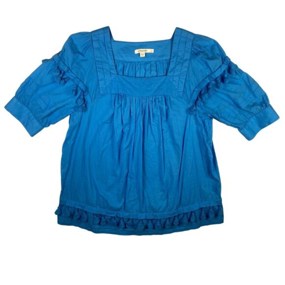 Chicos Womens Blue Tassel-Trim Cotton Blouse Size 1 US/8 Square Neck 3/4 Sleeve